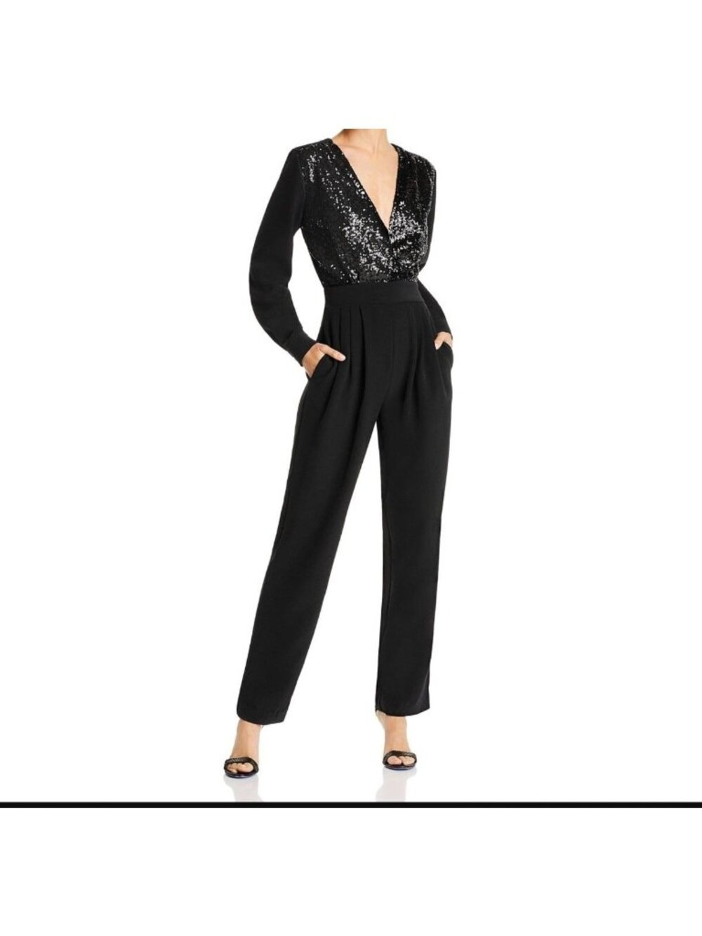 Lini Black V Neck Sequin Long Sleeve Jumpsuit/Pantsuit Women's Size M